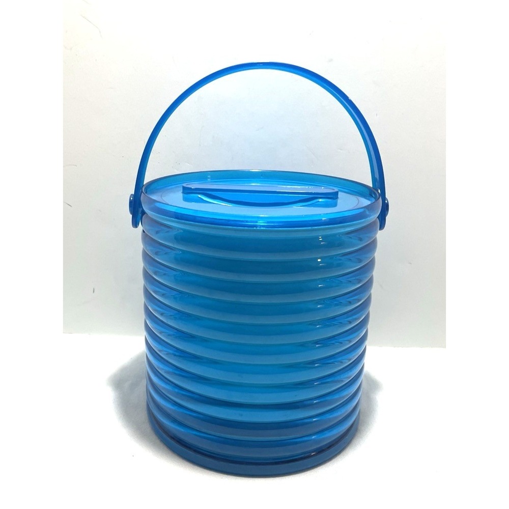 Vintage Sally Designs Blue Ribbed Lucite Ice Bucket w/ Lid Liner - Picture 3 of 9